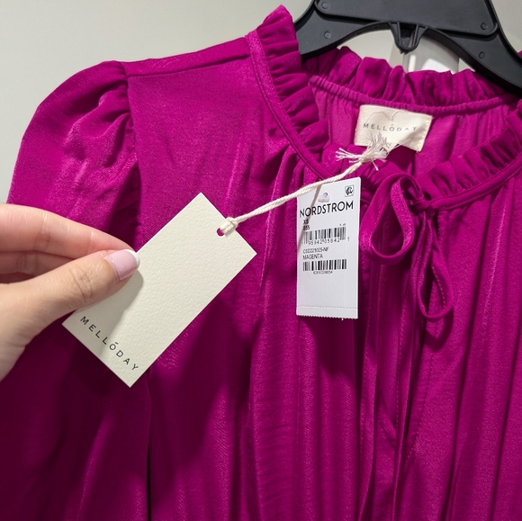 New MELLODAY Ruffle Tiered Satin Midi Dress in Magenta at Nordstrom - Picture 3 of 5